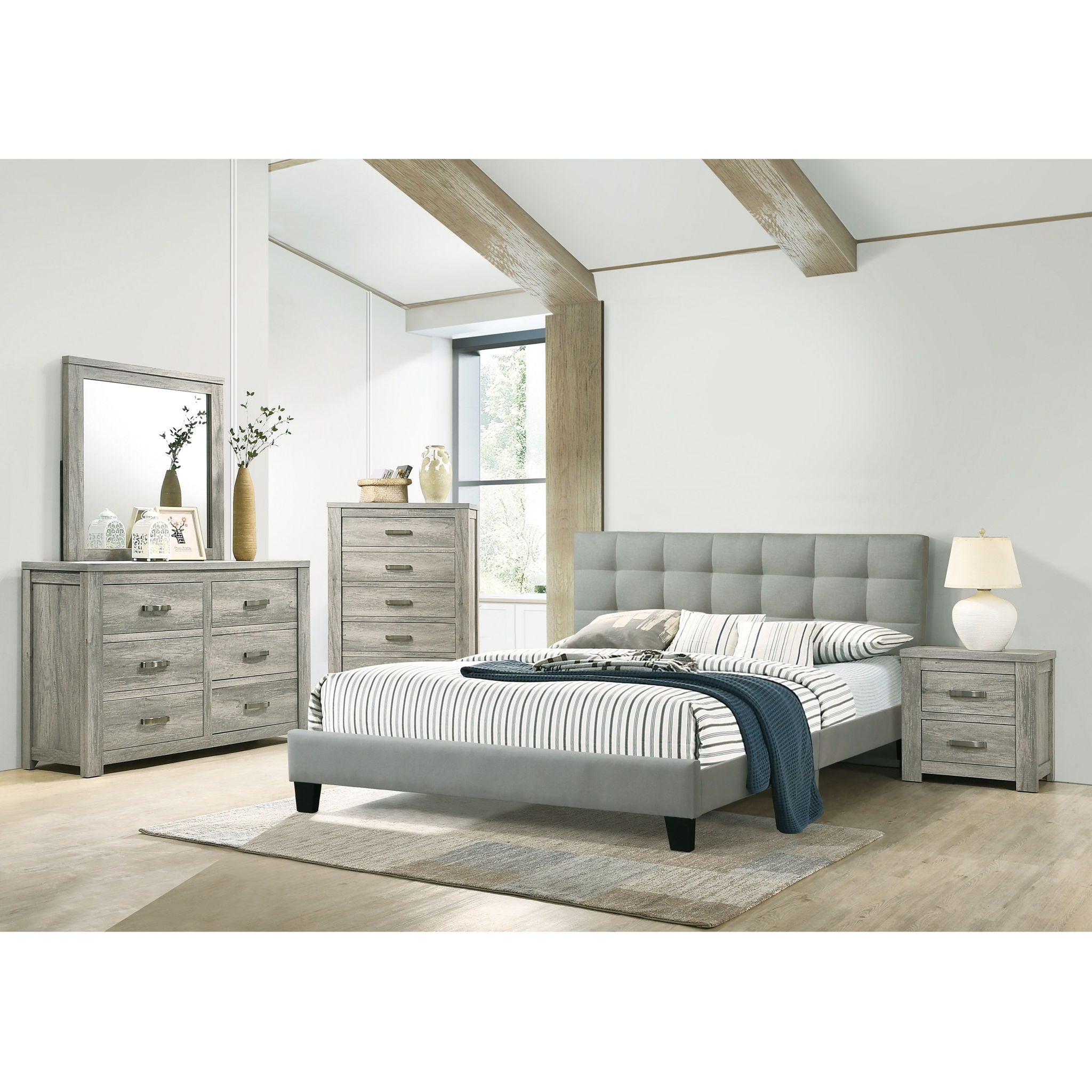 California King Size Tufted Headboard Platform Bedframe, Bedroom Furniture - Gray / Light Gray