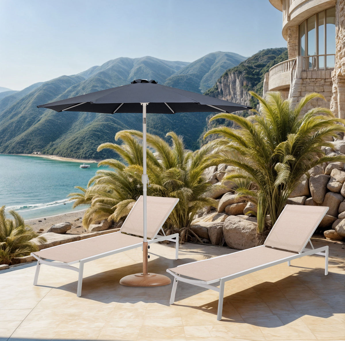 Fiji - Aluminum Patio Umbrella With Round Teak And White Base