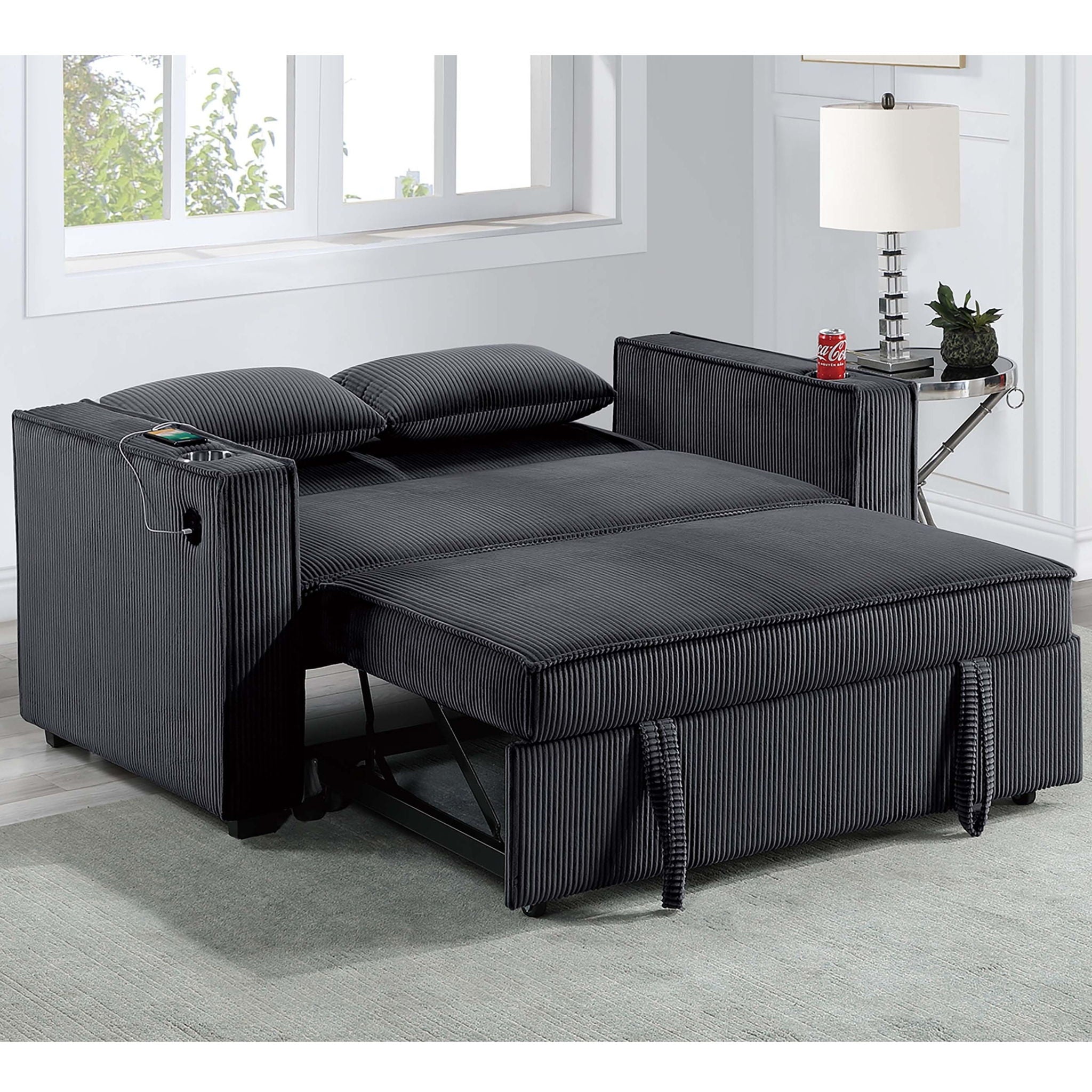 Modern Style Convertible Sofa With Pull-Out Bed, USB Ports & Cup Holders