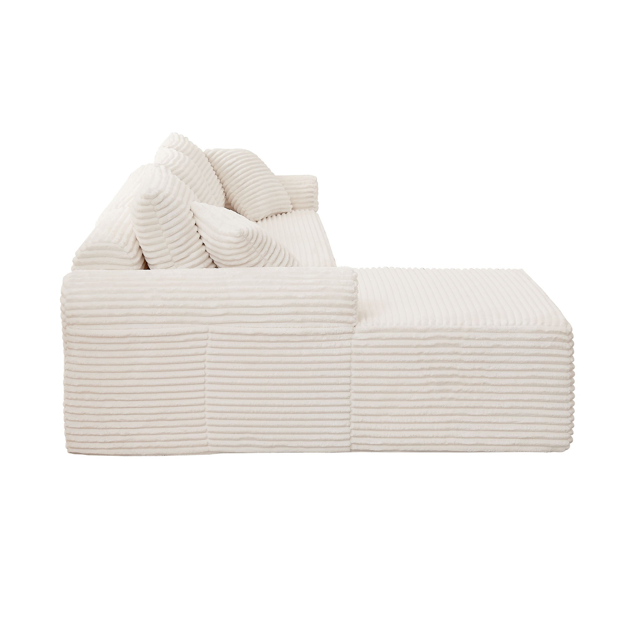 Full Compression Chaise Lounge Set Modular Corduroy Sectional With Arched Armrests Non Slip Base Includes 3 Back Cushions & 2 Throw Pillows - White