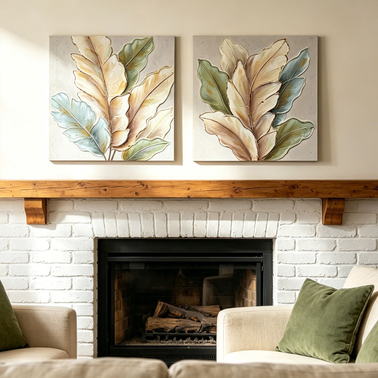 Botanical Leaf Wall Art, Textured Canvas Painting With Accents, Framed Decor For Living Room (Set of 2) - Green Leaf