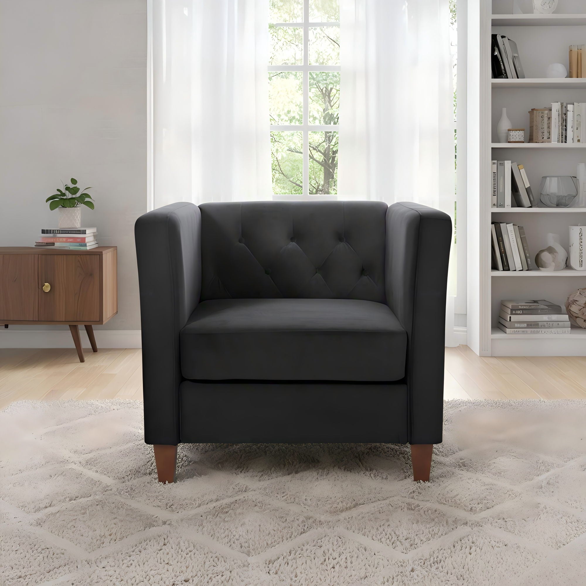 Button Tufted Accent Chair, Square Arms