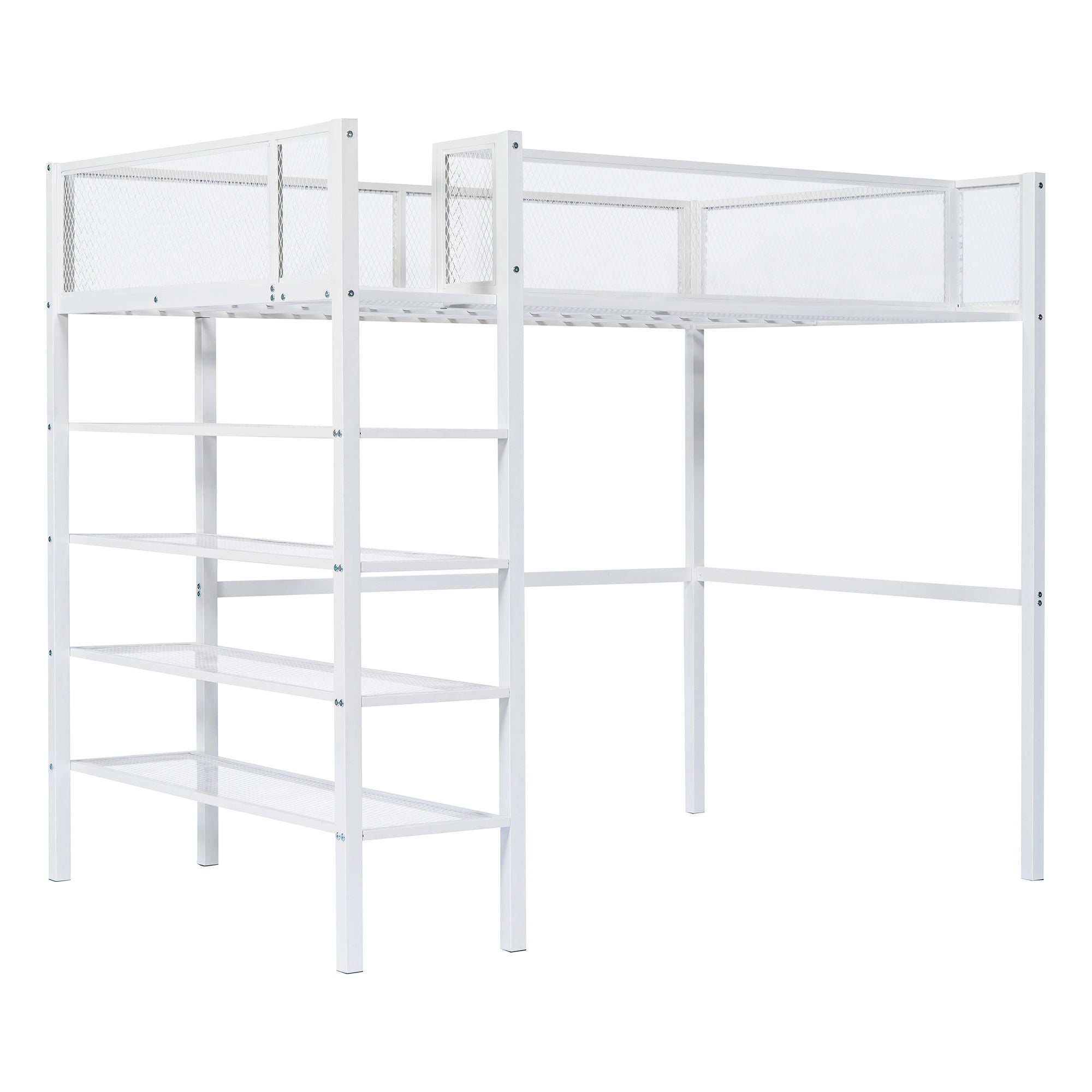 Twin Size Loft Bed With 4 Tier Shelves And Storage - White