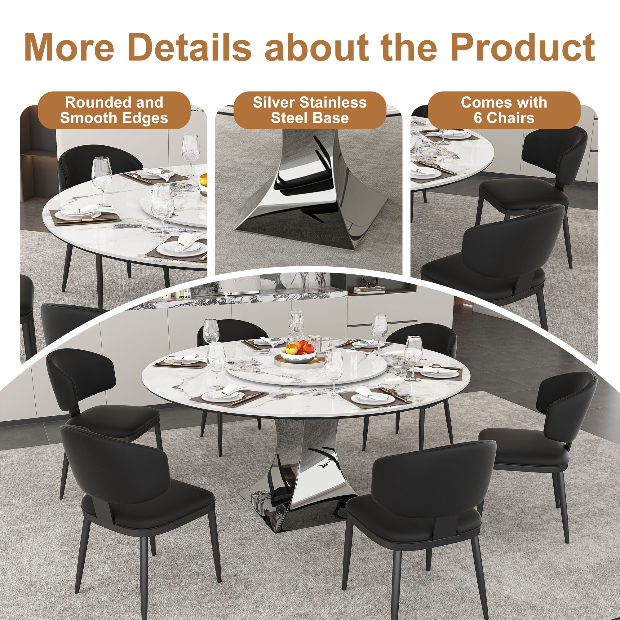 Round Dining Table & 6 Chairs Set - Silver