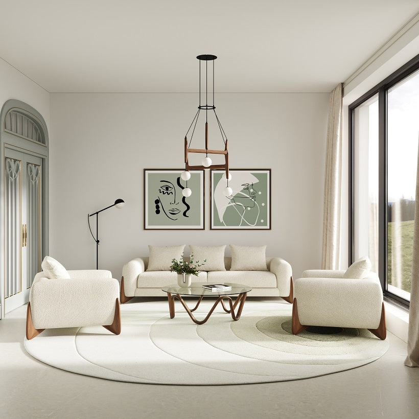 Fleury - Contemporary Cream Fabric and Walnut Sofa