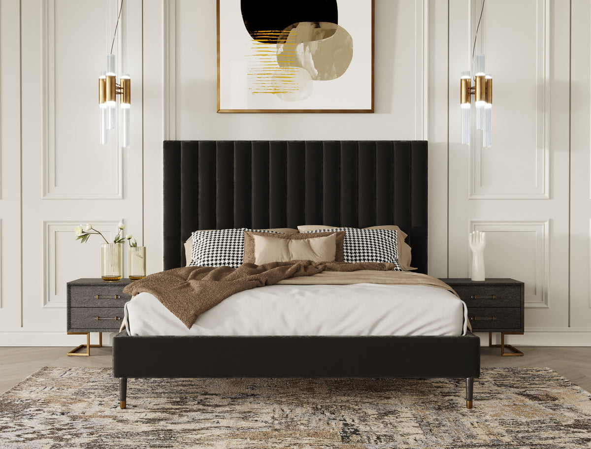 Hemlock Howard- Modern Dark Grey Velvet and Shagreen Grey Q Bedroom Set