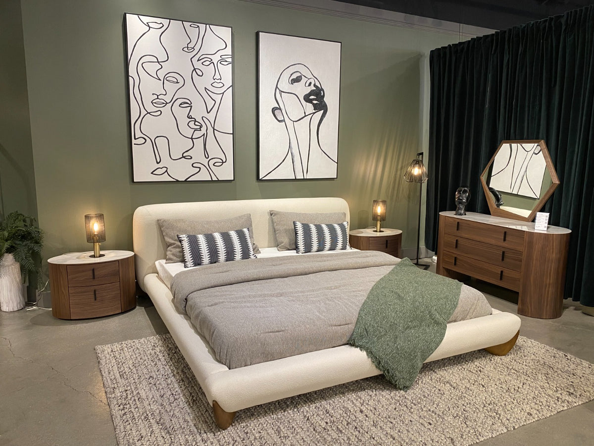 Fleury - Contemporary Cream Fabric and Walnut Bedroom Set