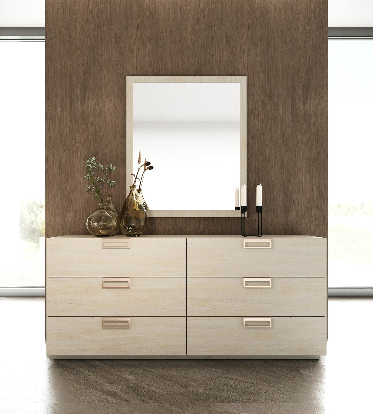 Roma + Lago - Modern Burnt Orange Velvet + Faux Travertine 4-Piece Bedroom Set