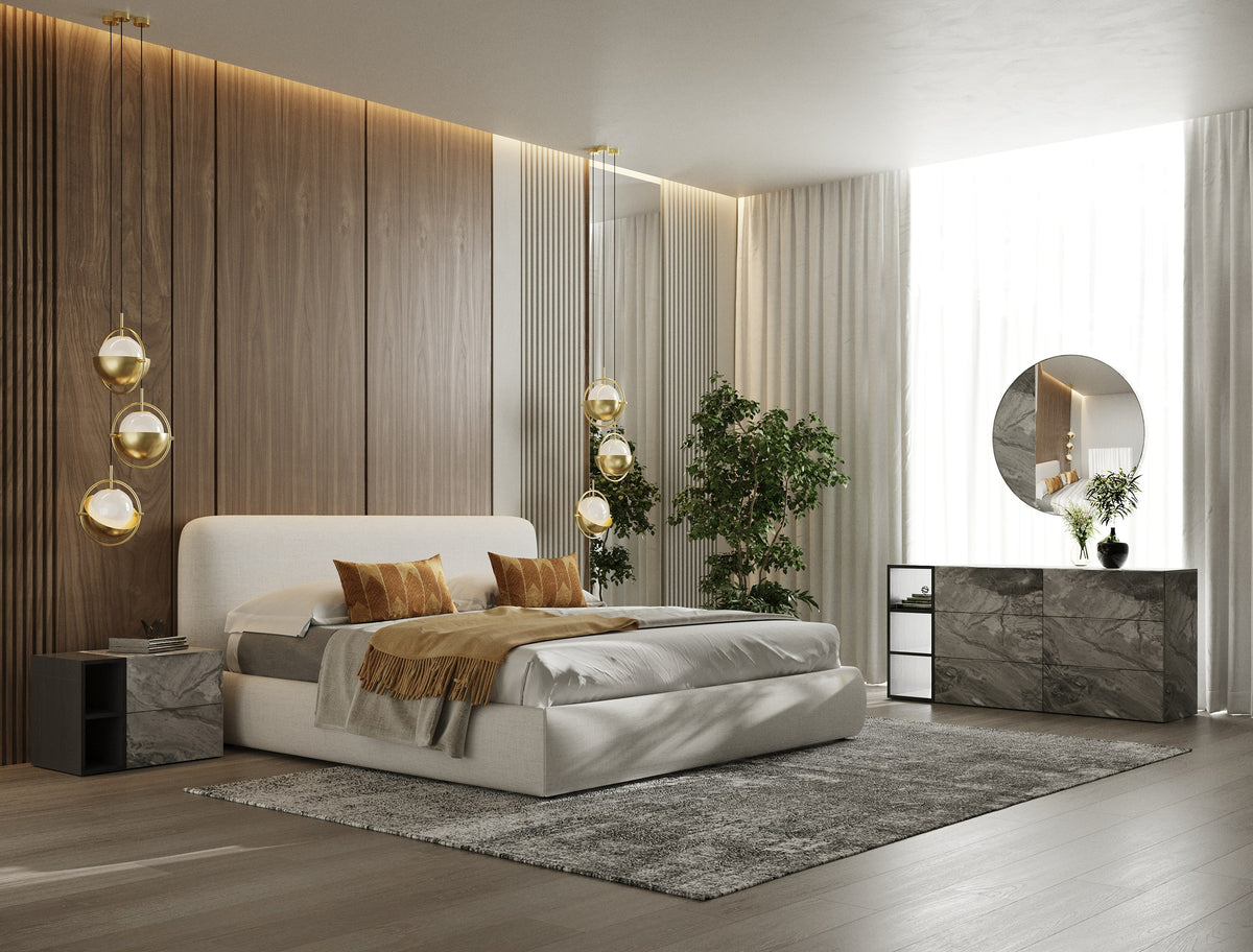 Liam - Modern Ivory Fabric Upholstered Bed