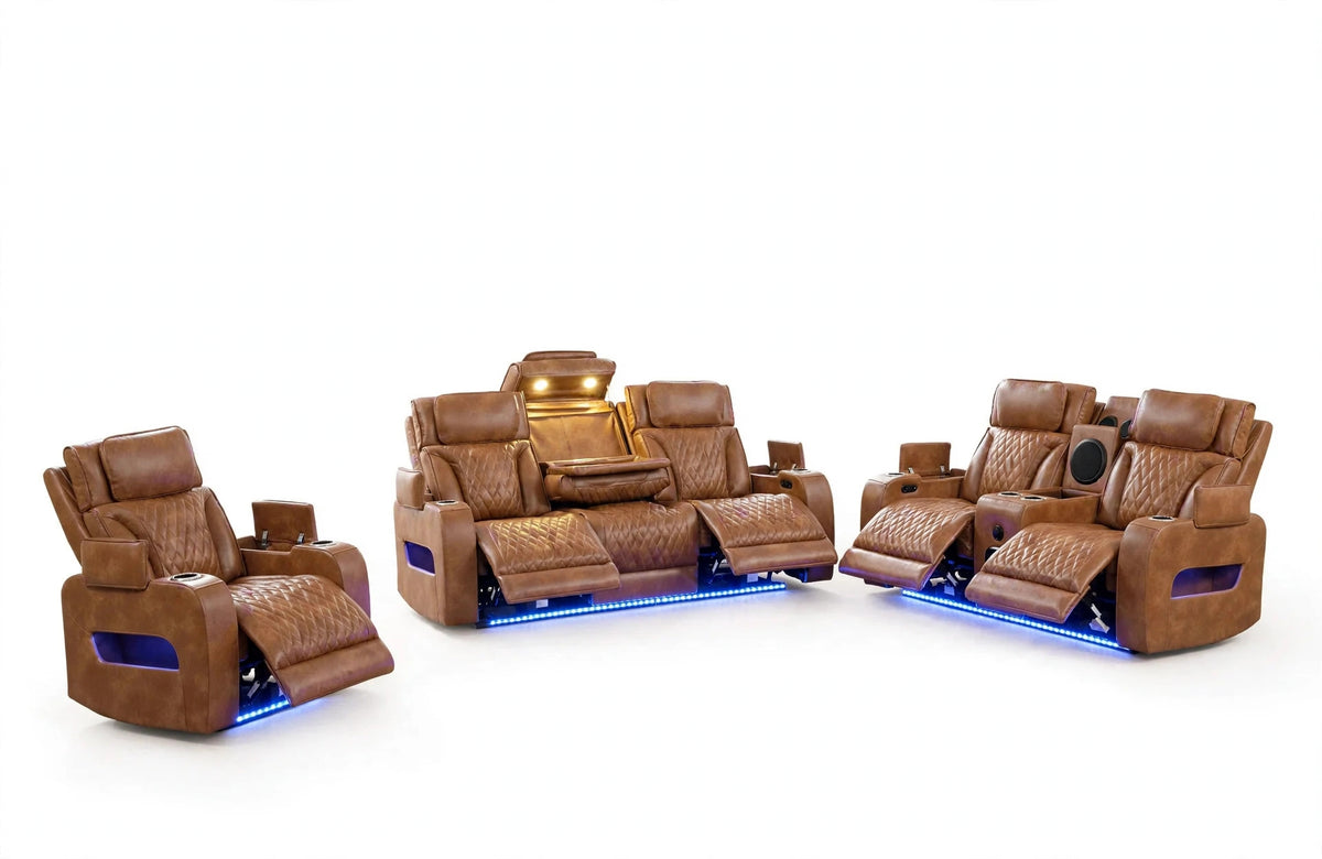 Cognac Marquis Power Reclining Sofa, Loveseat & Chair Set - studio shot