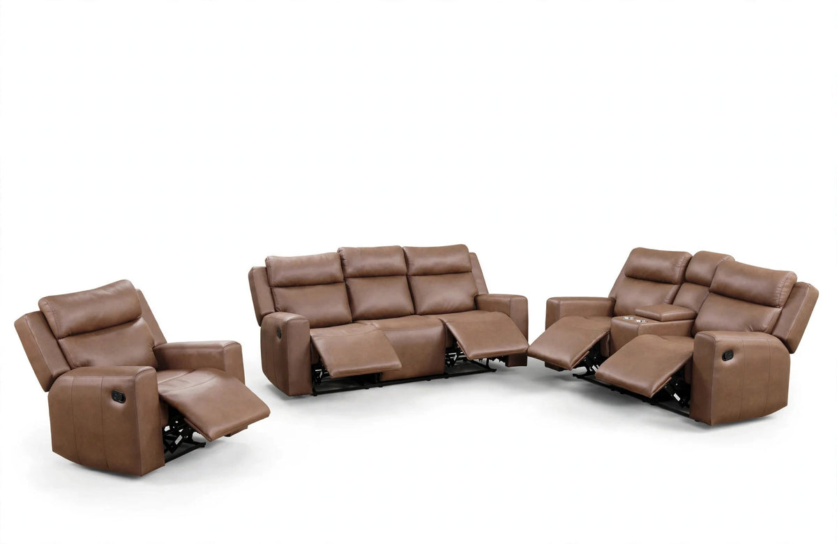 Cognac Ascend Reclining Sofa, Loveseat & Chair Set - studio shot