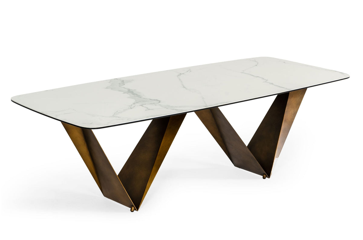 Melanie - Modern White Ceramic & Brushed Brown Dining Table