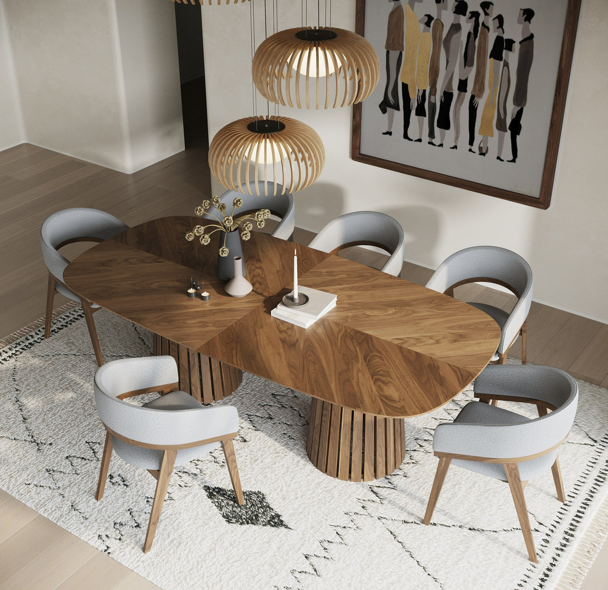 Truman - Mid-Century Modern Walnut Extendable Dining Table + 6 Chairs Set - original 1