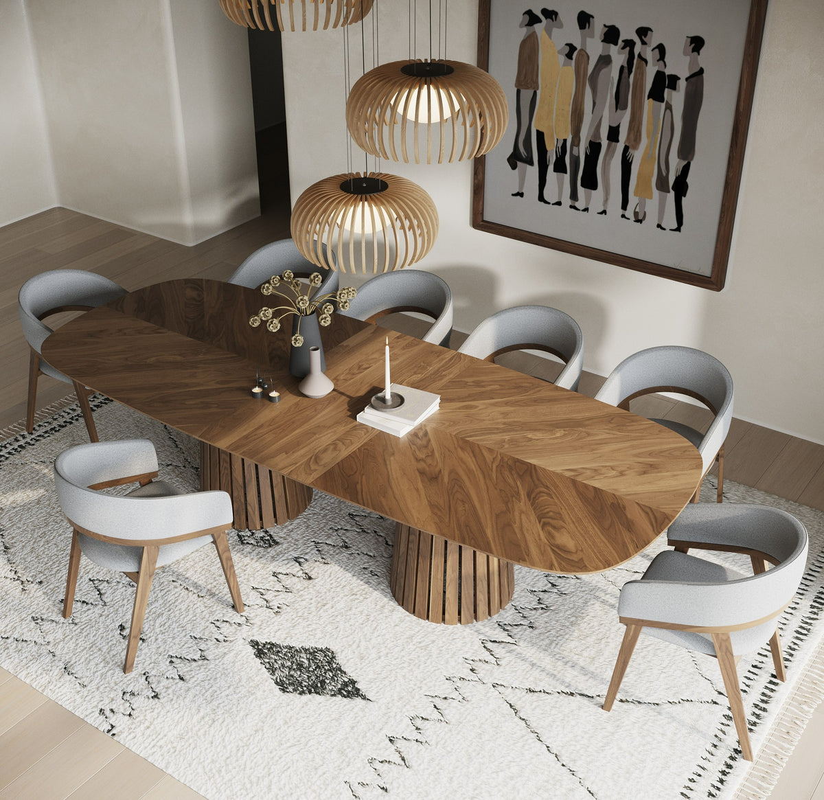 Truman - Mid-Century Modern Walnut Extendable Dining Table + 10 Chairs Set - original 1