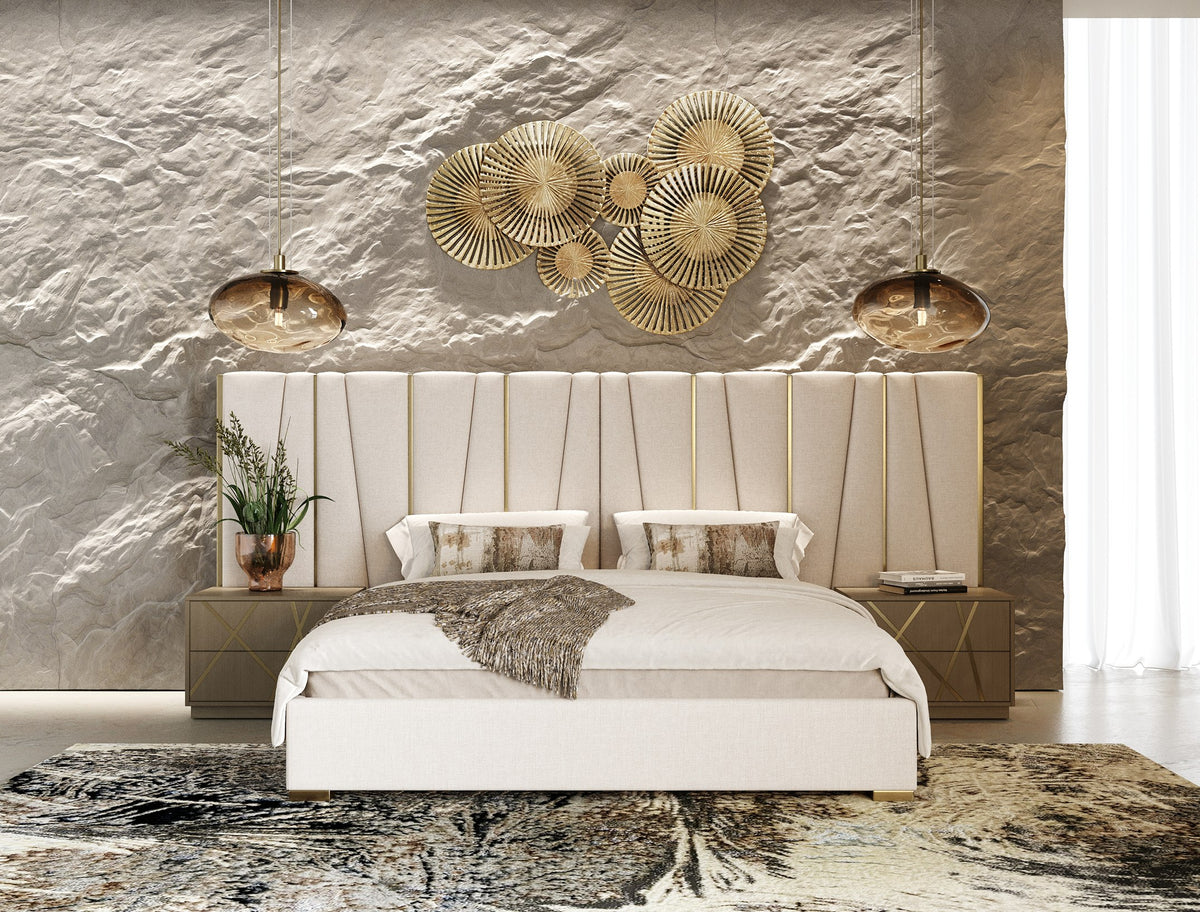 Nixa - Modern Beige Velvet + Brushed Bronze + Birch 4-Piece Bedroom Set