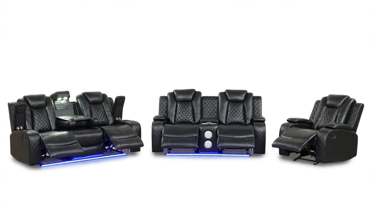 Noir Luxe Reclining Sofa, Loveseat & Chair Set - full 3-piece set studio shot