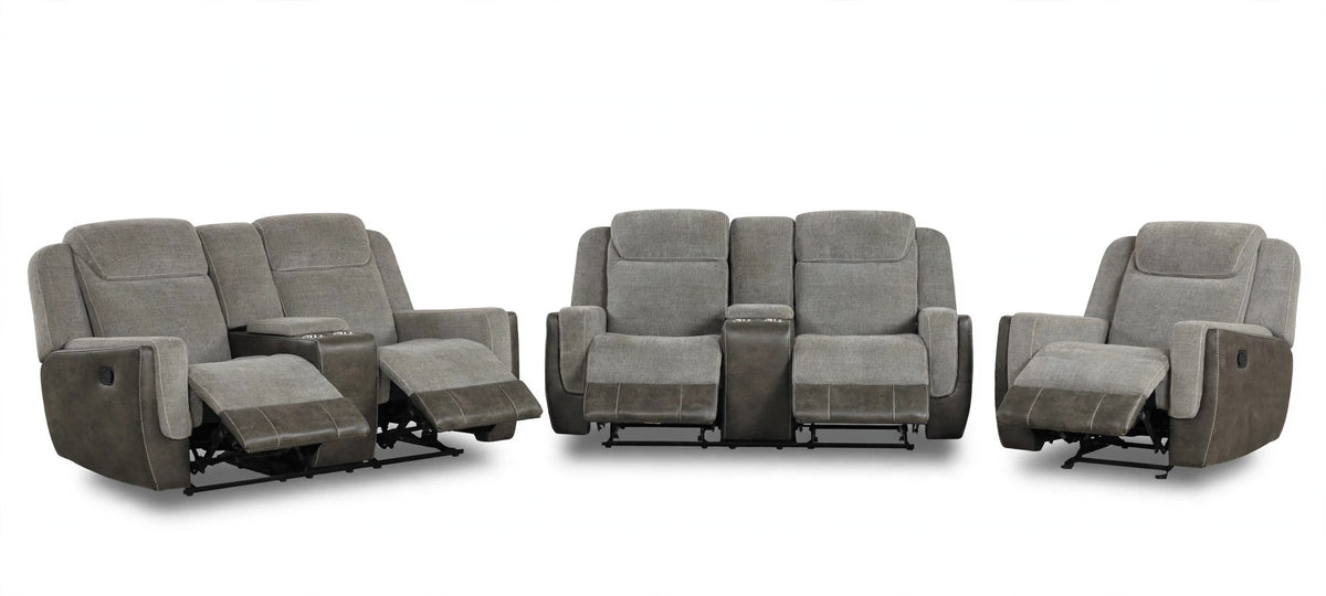 Charcoal Lisette Reclining Sofa, Loveseat & Chair Set - full 3-piece set studio shot