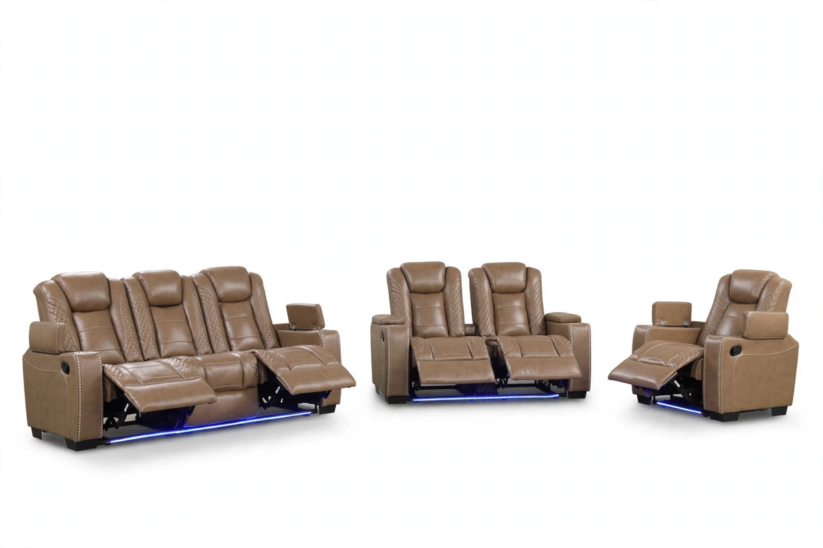 Cognac Santino Reclining Sofa, Loveseat & Chair Set - full 3-piece set studio shot