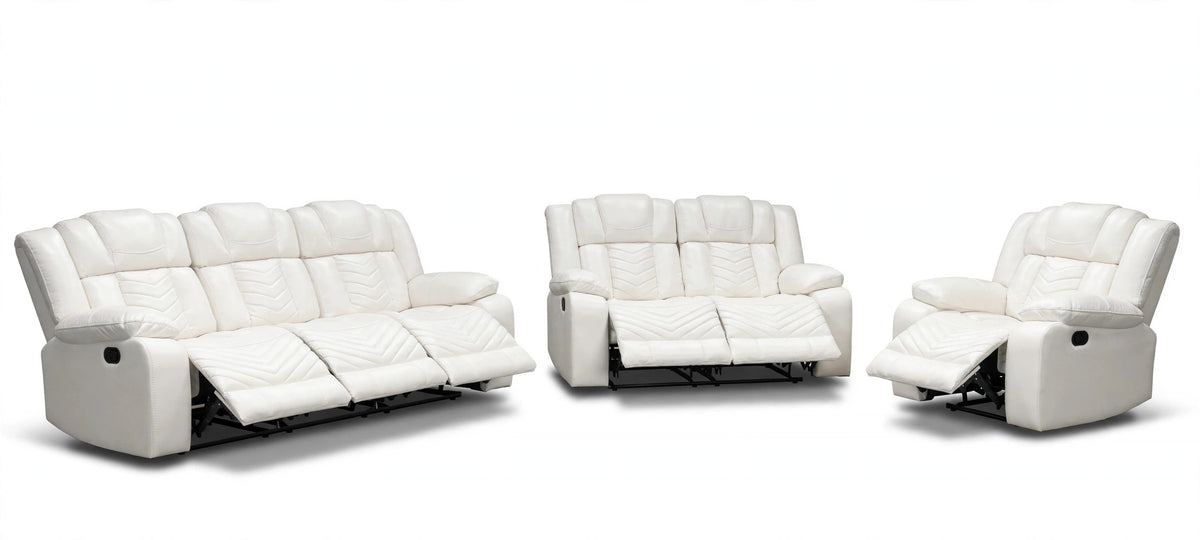 Ivory Sterling Reclining Sofa, Loveseat & Chair Set - full 3-piece set studio shot