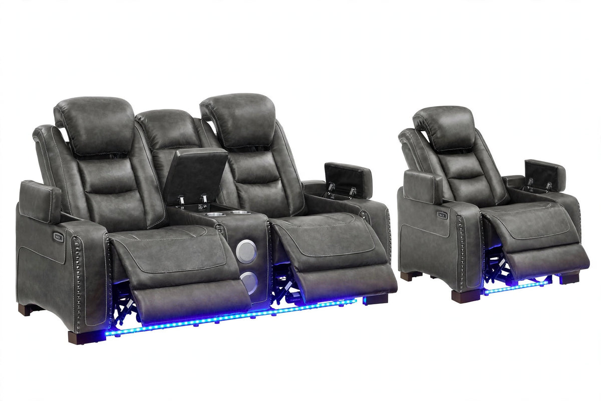 Charcoal Electra Power Reclining Sofa, Loveseat & Chair Set - full 3-piece set studio shot
