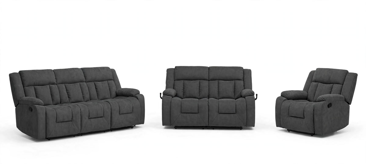 Charcoal Fable Reclining Sofa, Loveseat & Chair Set - full 3-piece set studio shot