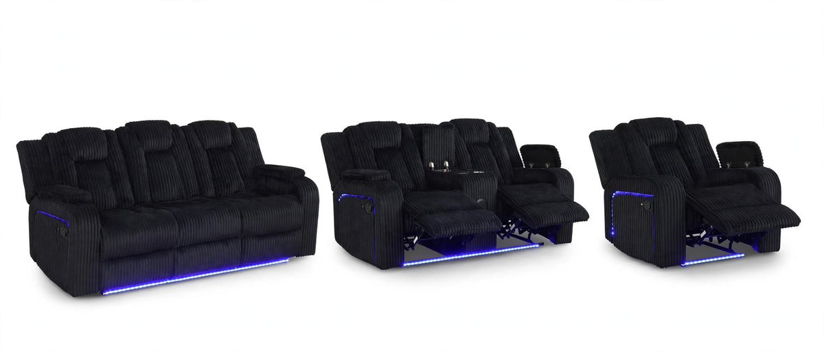 Noir Atlas Reclining Sofa, Loveseat & Chair Set - full 3-piece set studio shot
