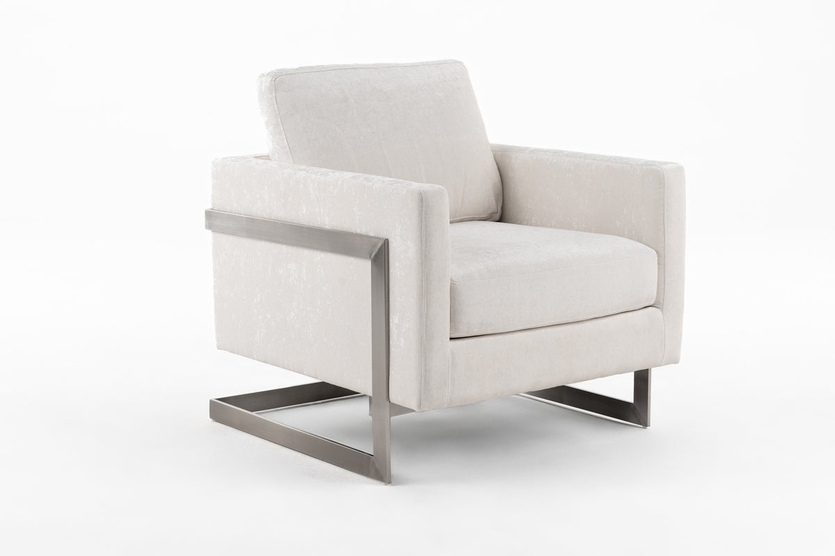Prince - Contemporary Off White Fabric + Silver Accent Chair