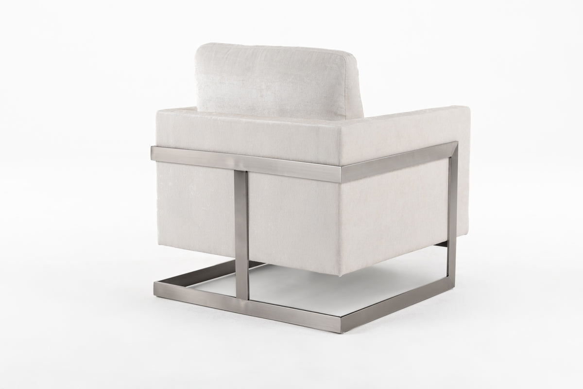 Prince - Contemporary Off White Fabric + Silver Accent Chair