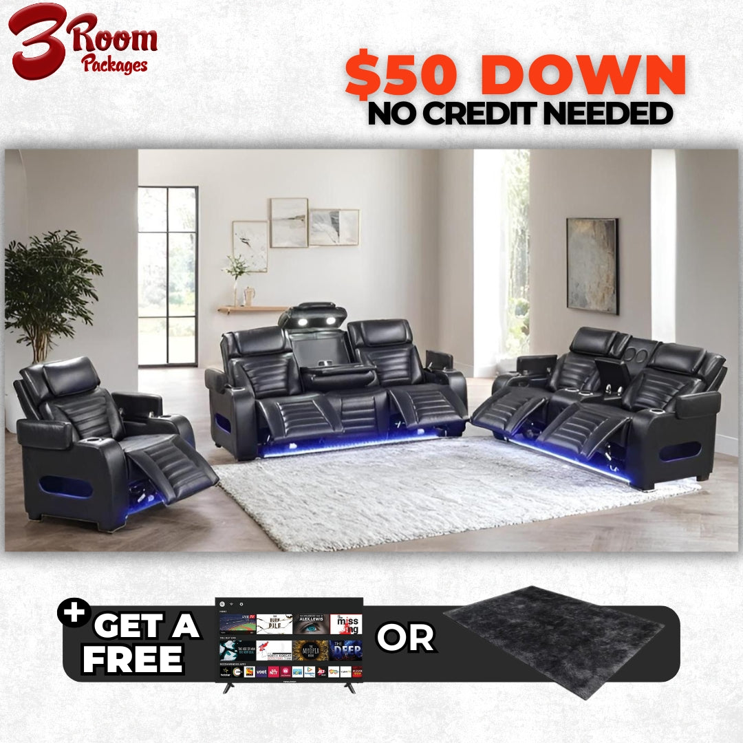 TOKYO 3PC Black Power Reclining Set – FREE Rug or TV!