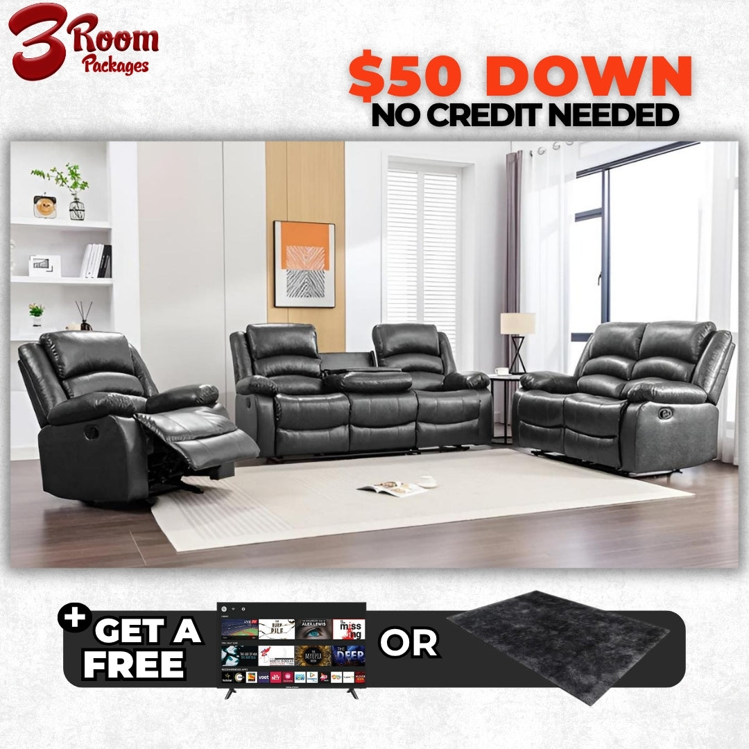 Dynamo2 Black 3-Piece Reclining Set– Free Area Rug or Smart TV