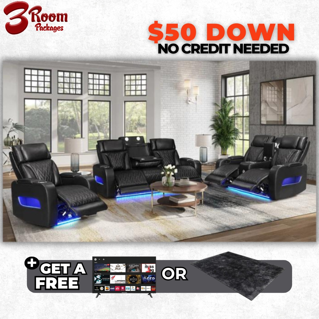 DUBAI 3PC Black Power Reclining Set – FREE Rug or TV Included!