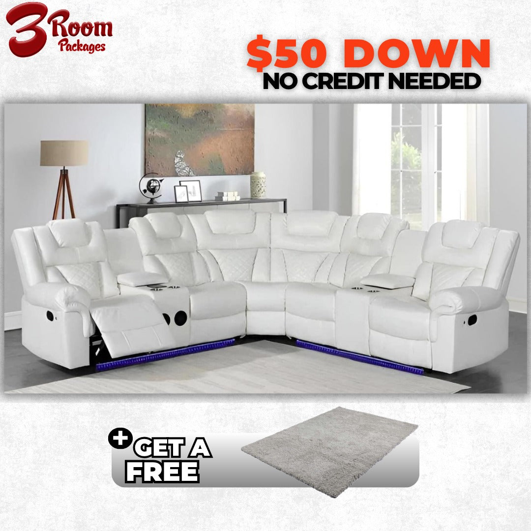 Alexa2023 White Reclining Sectional – Comes with a FREE Rug!