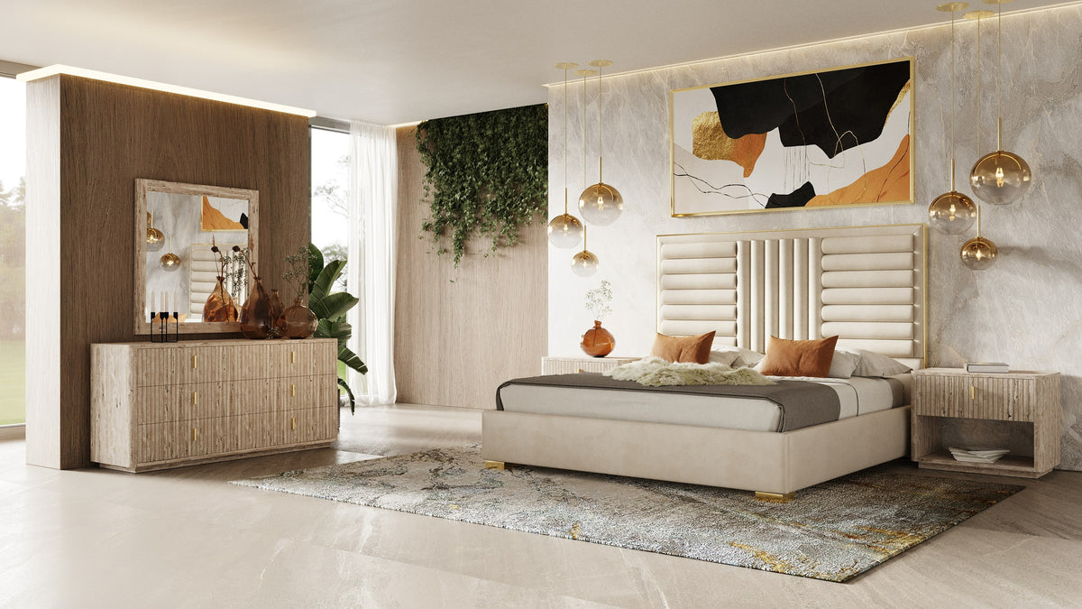 Roma - Modern Faux Travertine + Gold Nightstand