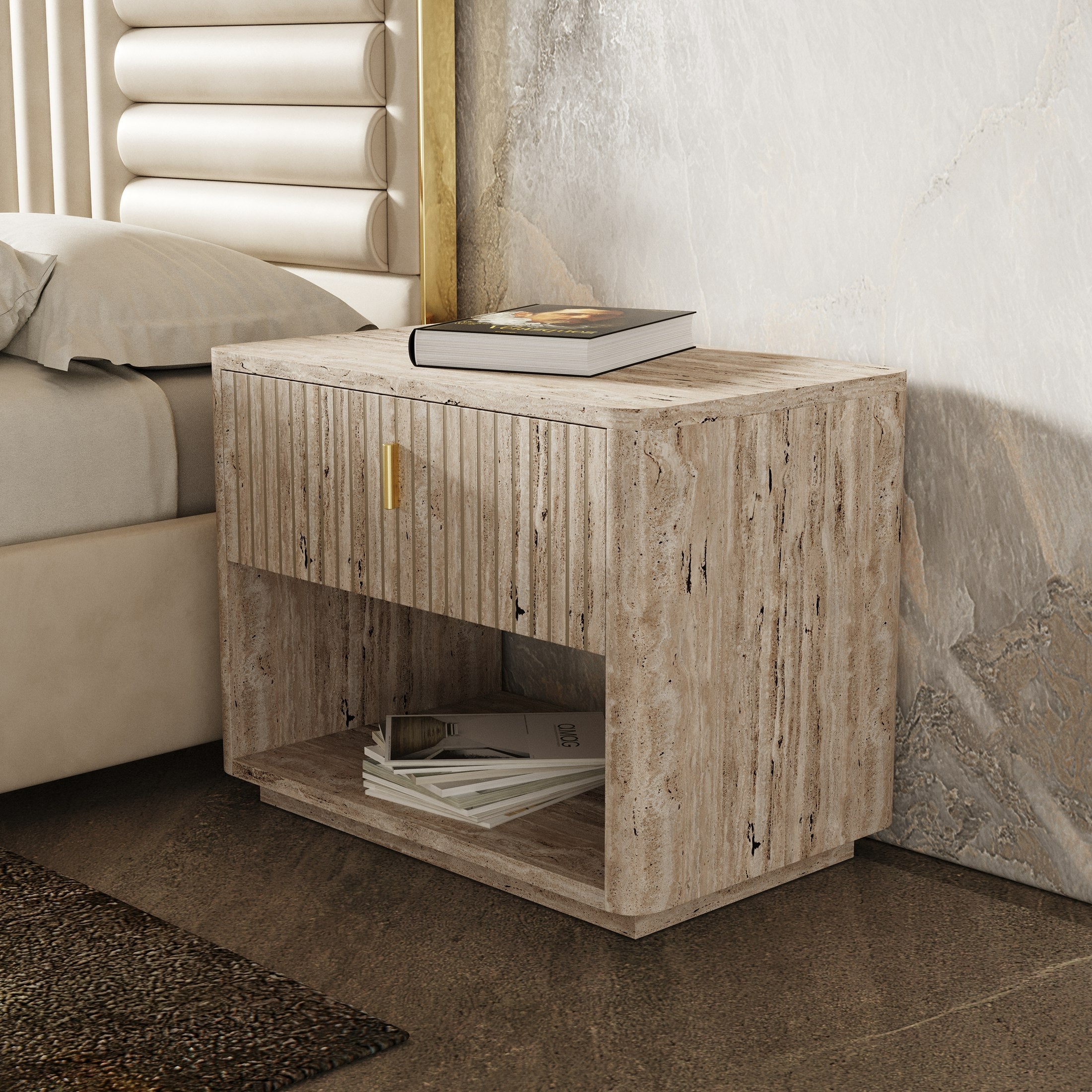 Nova Domus Daystar + Roma - Modern Beige Velvet + Travertine + Gold Bedroom Set