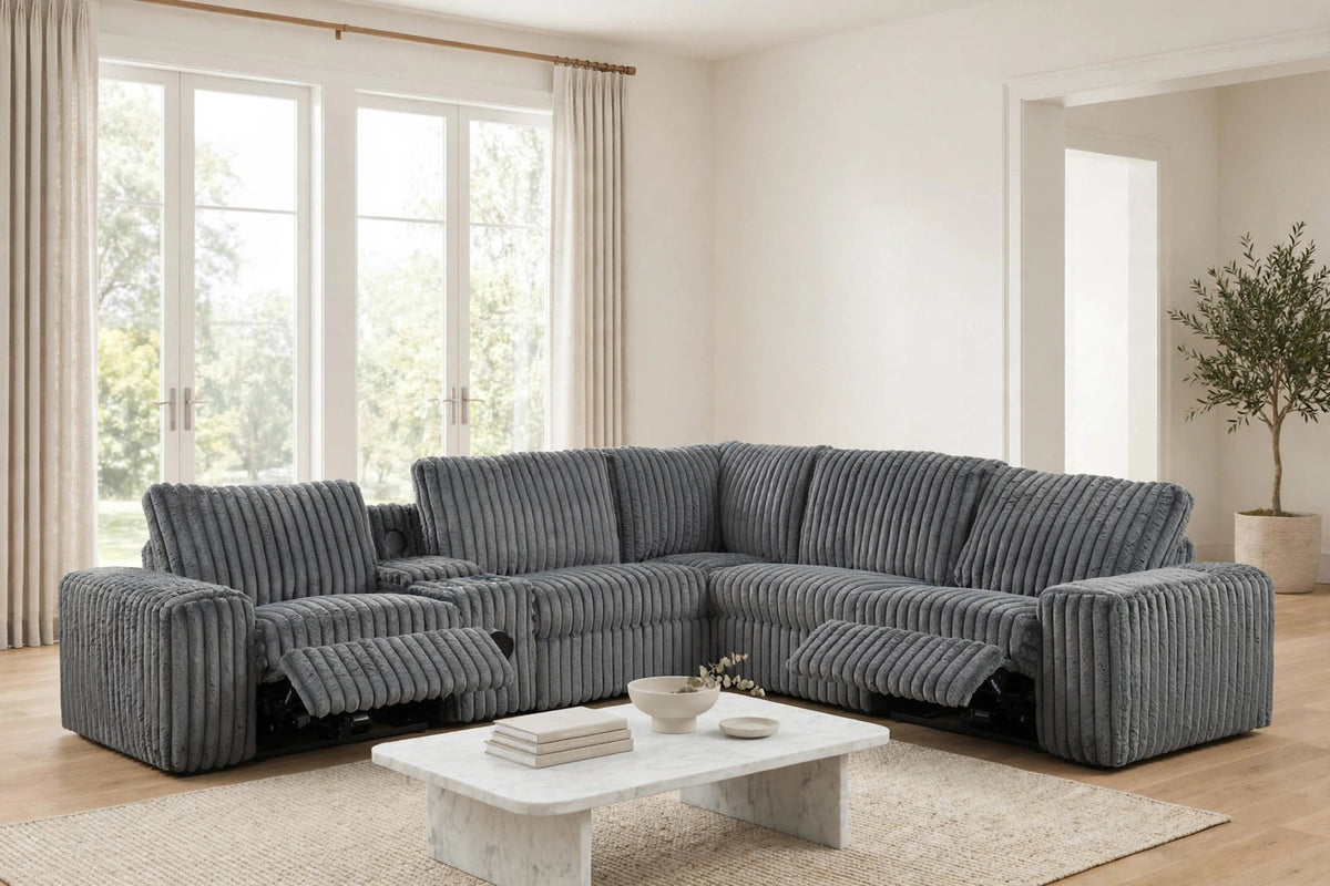 Amelia Charcoal Power Reclining Sectional with Storage Console Bluetooth Speakers