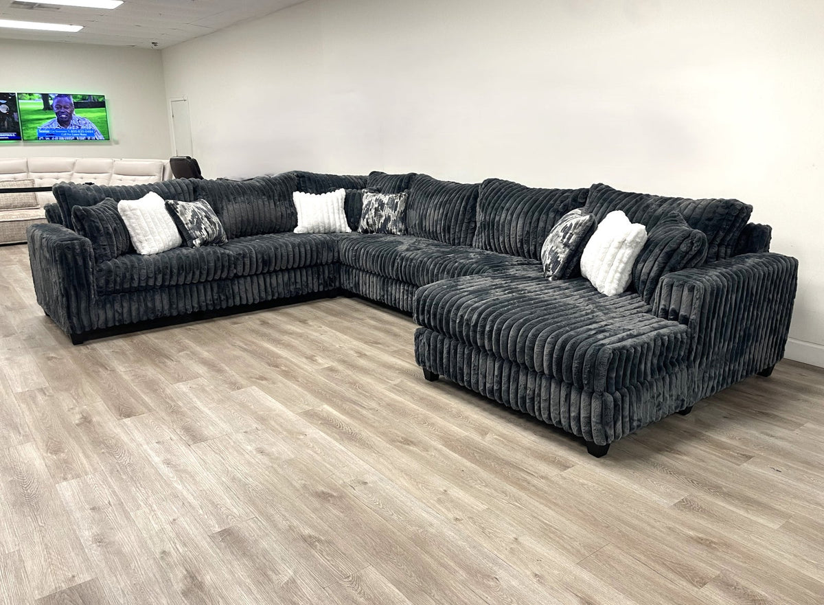 Charcoal Plush 4-Piece Oversized Corduroy Sectional