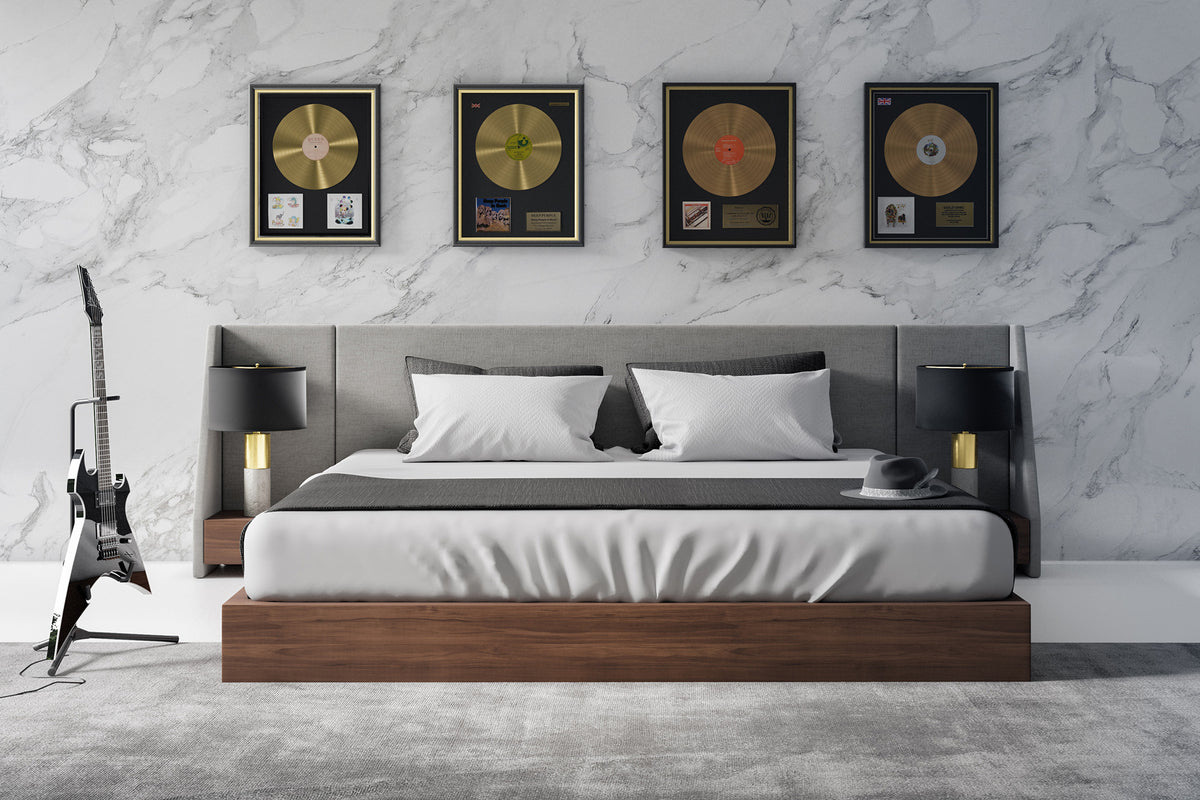 Janice - Modern Grey Fabric and Walnut Bed and Nightstands