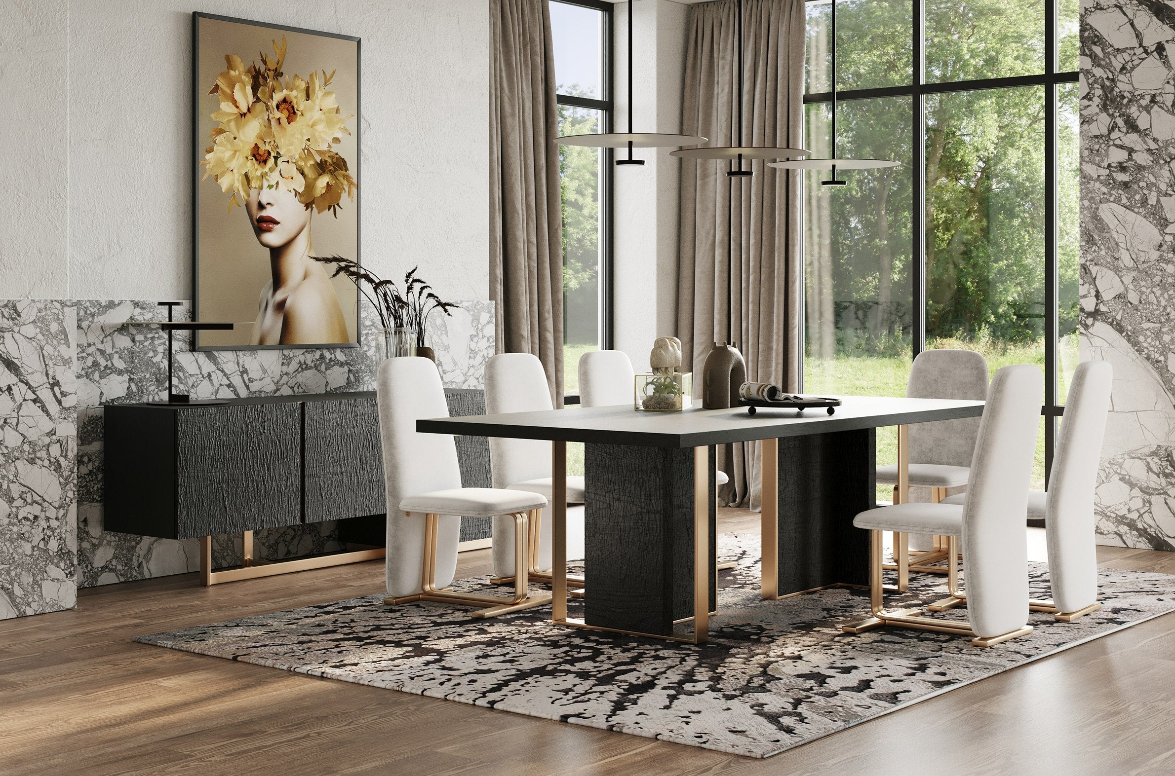 Modrest Tasha - Modern Black Ash + Brushed Gold Rectangular Dining Table