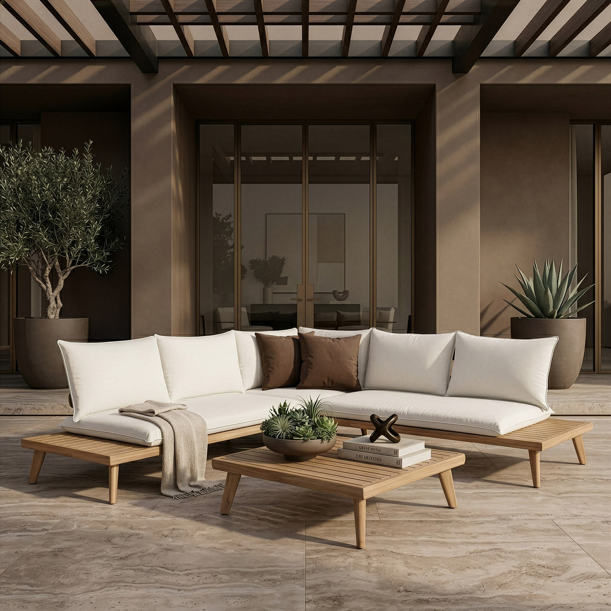 Tavira - Outdoor Off-White Fabric + Eucalyptus Sectional Sofa + Coffee Table Set - original 1