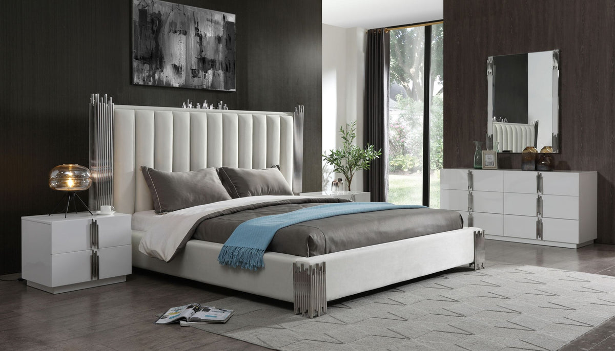 California King Token - Modern White & Stainless Steel Bedroom Set
