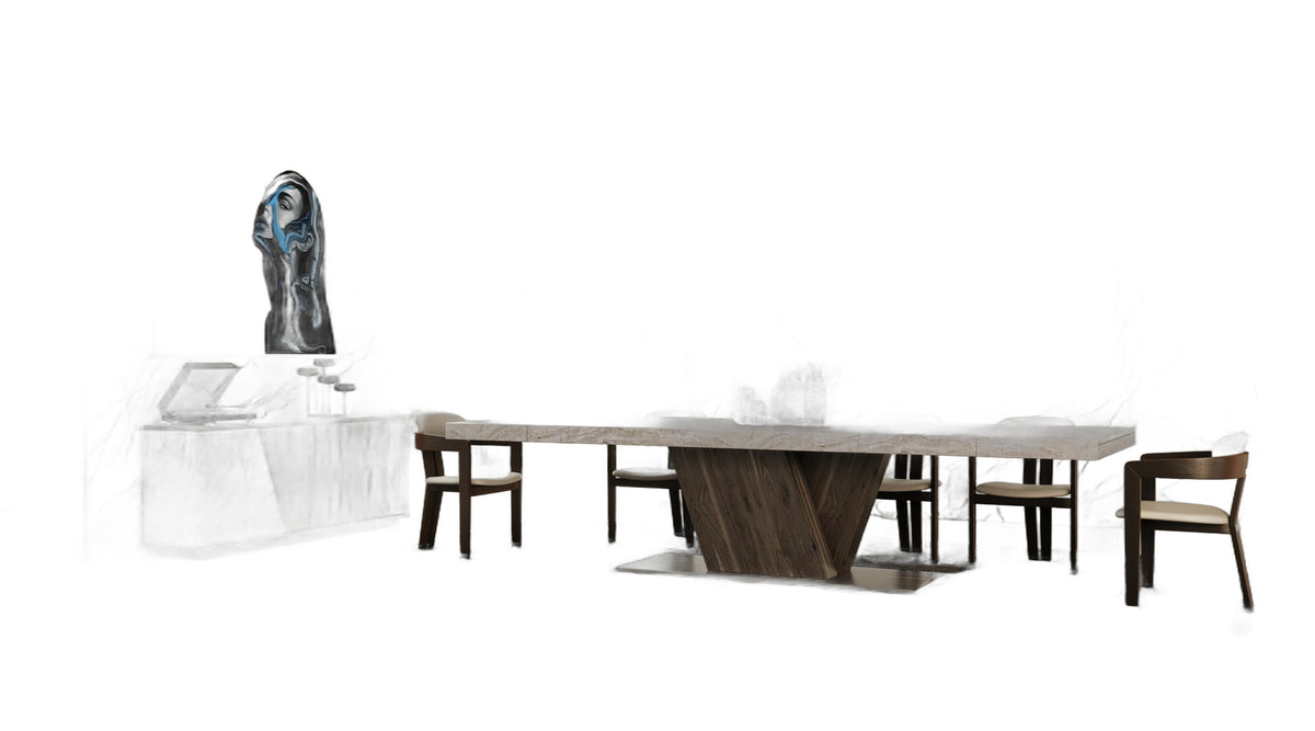 Cairo - Italian Modern Faux Marble & Pecan Elm Extendable Dining Table