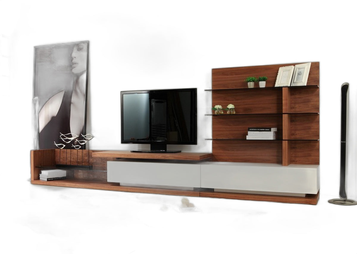 Jefferson Mid-Century Walnut and White High Gloss Entertainment Center