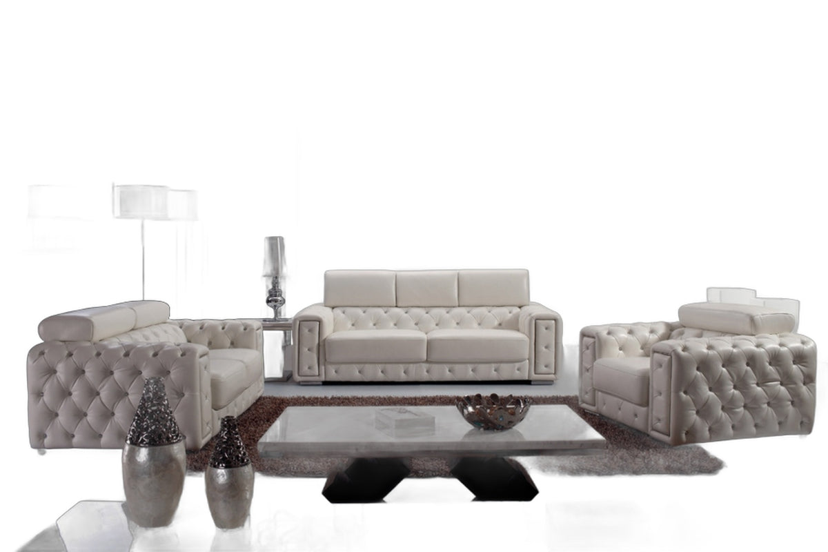 Lumy - Modern Tufted White Leather Loveseat with Crystals