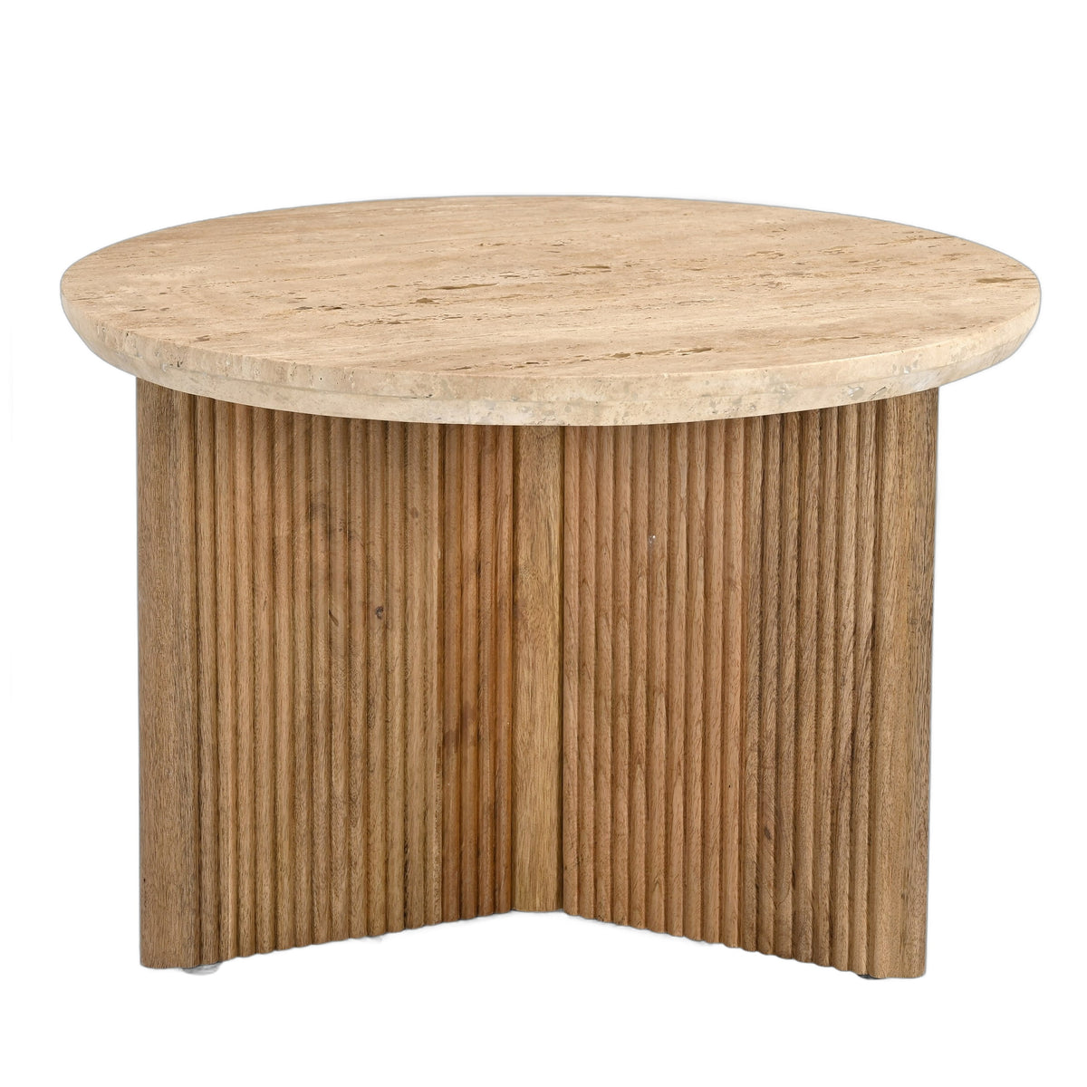 Pawnee - Modern Travertine Marble + Wood Round End Table