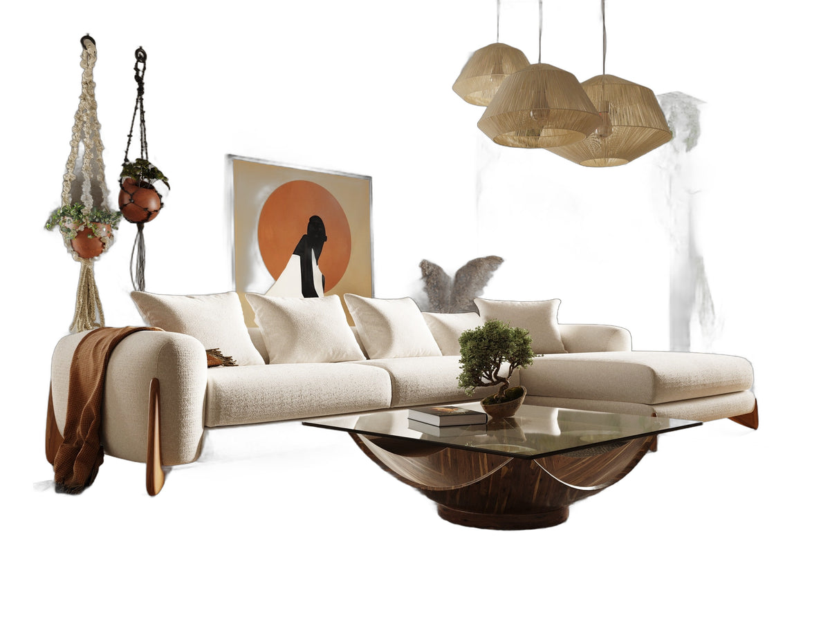 Fleury - Contemporary Cream Fabric and Walnut RAF Sectional Sofa