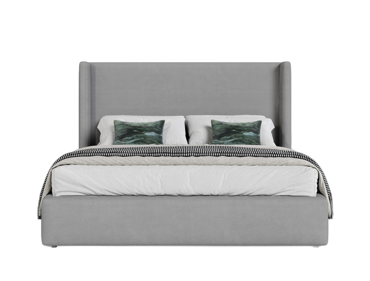 Byrne + Asus - Modern Grey Fabric + Elm Grey Bed & 2 Nightstands