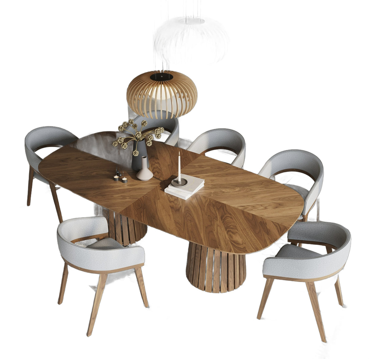 Truman - Mid-Century Modern Walnut Extendable Dining Table + 6 Chairs Set - premium white background