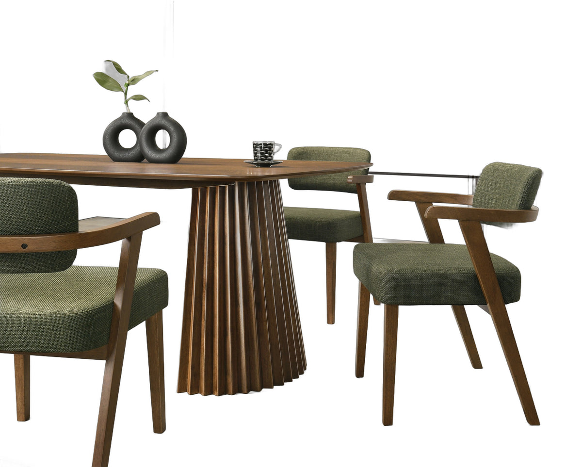 Sacks - Mid-Century Modern Green Fabric + Herringbone Walnut Dining Set