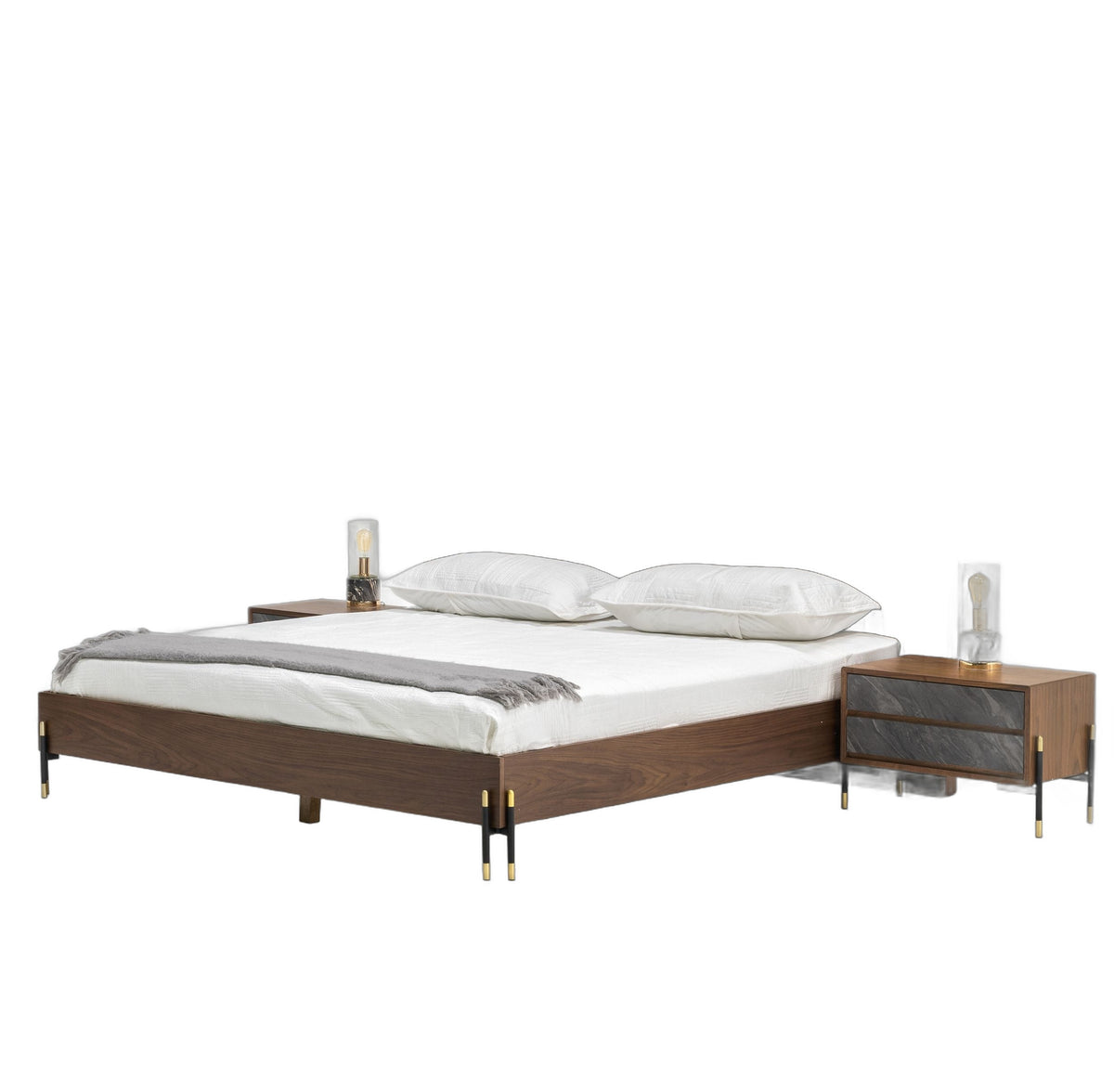 Metcalf - Mid-Century Walnut & Grey California King Bed w/ Two Nightstands