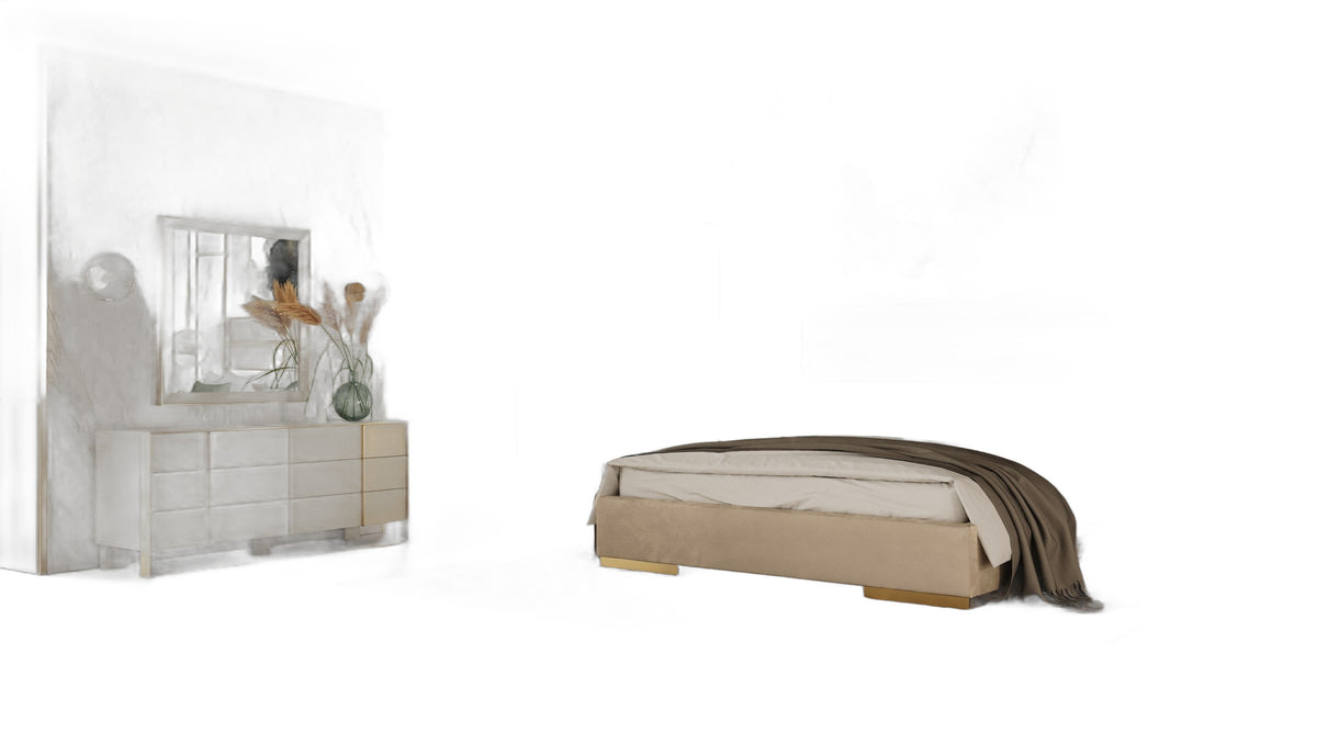 Cartier - Modern Beige Velvet & Brushed Brass Bed